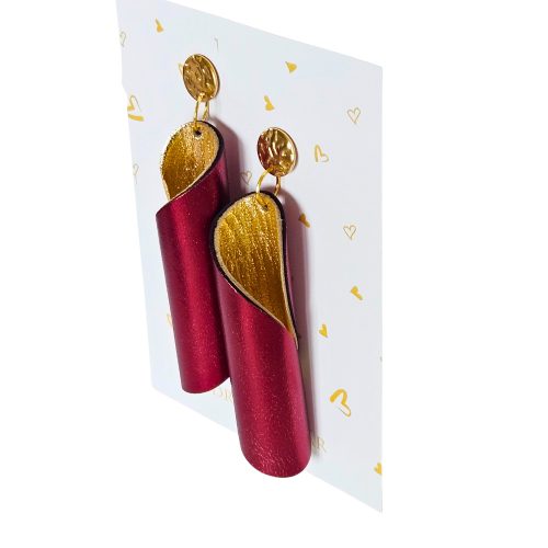 Curlie - bordó/arany csavart bőr kézműves design fülbevaló