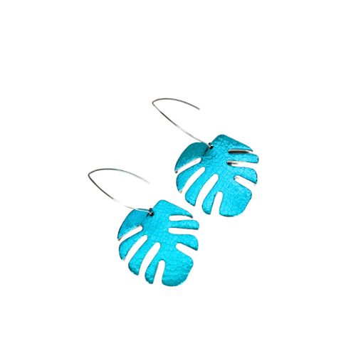 Monstera - élénk metál türkizkék - kézműves design fülbevaló 