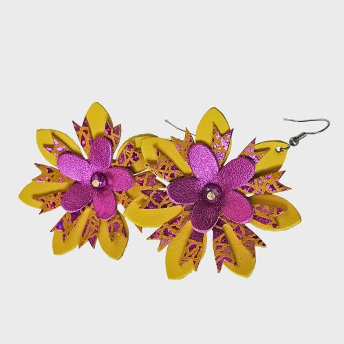 Nagy virág - sárga/pink - kézzel készült bőr fülbevaló 