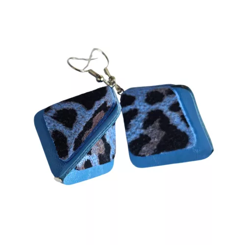 Tetrisz kézműves fülbevaló.- farmerkék leopárdmintás 