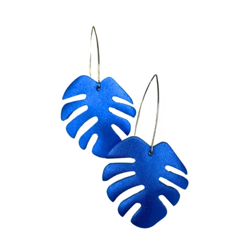 Monstera - metál kék - kézműves design fülbevaló 
