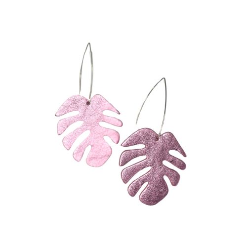 Monstera - metál rózsaszín- kézműves design fülbevaló 