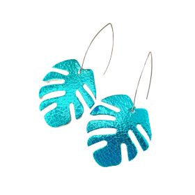   Monstera - türkizkék repedezett bőrrel- kézműves design fülbevaló 